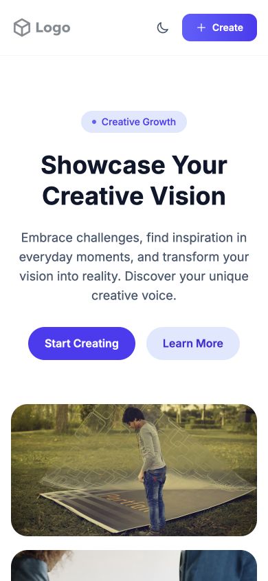 Portfolio template at 390 pixels: centered introduction and actions above a stacked image collage