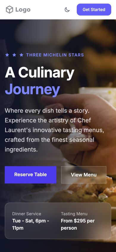 Restaurant template at 390 pixels: text over a food photograph, booking actions, and service details
