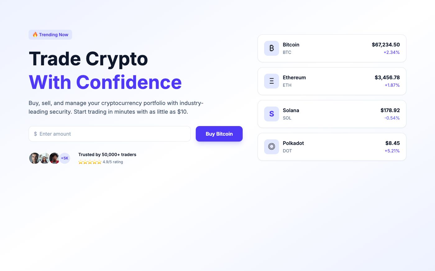 Crypto-themed dark hero section