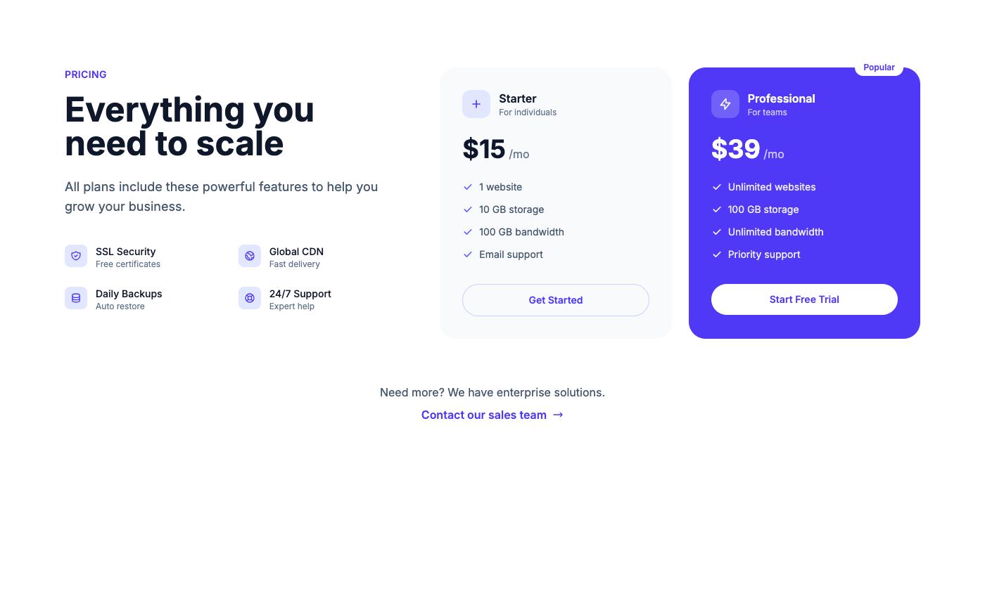 Pricing cards with split feature lists