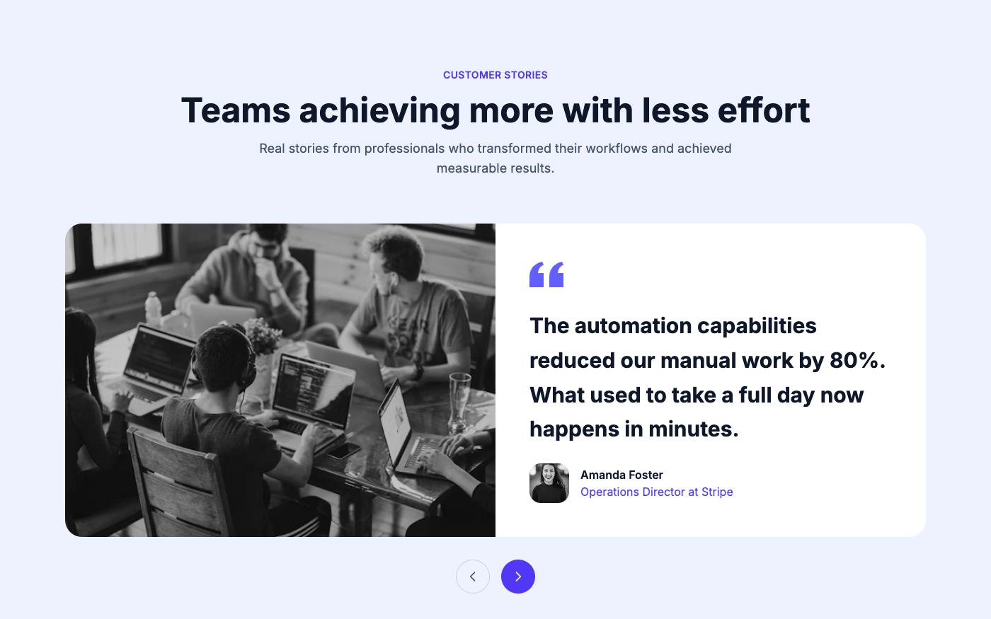 Split testimonial carousel with image and quote
